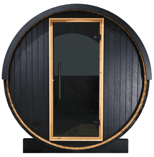 barrel traditional saunas with glass door and black painted wood exterior
