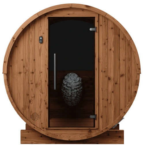 barrel traditional saunas with glass door and natural wood exterior