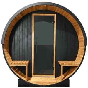 barrel traditional sauna with glass door and black exterior