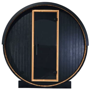 barrel traditional sauna with glass door and black exterior