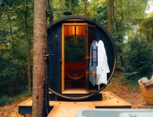 Traditional sauna in the forest during autumn